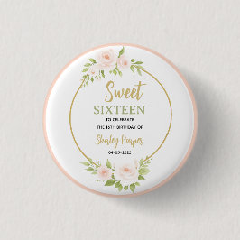 Floral Gold Script Sweet Sixteen Birthday  Button