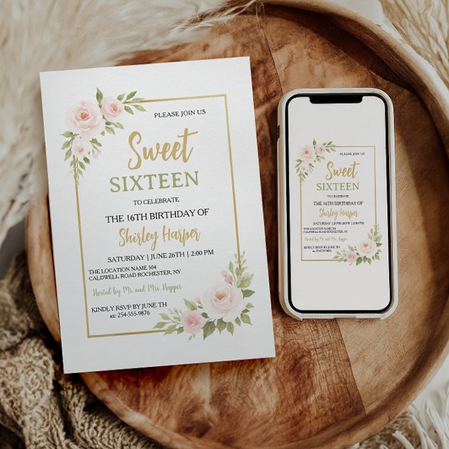 Floral Gold Script Sweet Sixteen Birthday  Einladung (Von Creator hochgeladen)