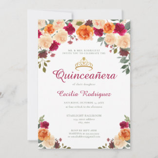 Floral Gold Tiara Quinceanera Einladung