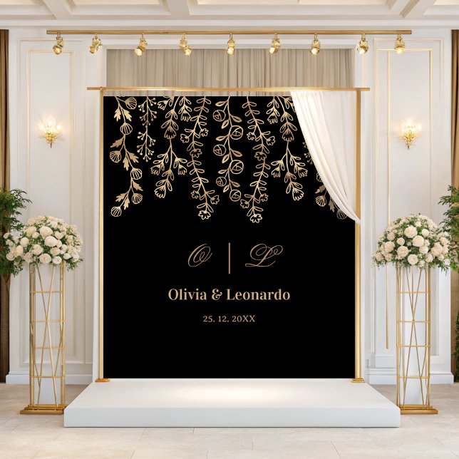 Floral Gold und Black Elegante Hochzeitskulisse Wandteppich (Von Creator hochgeladen)