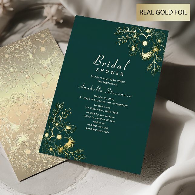 Floral Gold und Emerald Green Brautparty Folieneinladung (Von Creator hochgeladen)