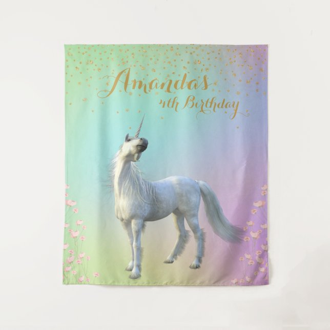 Floral Gold Unicorn Birthday Backdrop Foto Stand Wandteppich (Vorderseite)