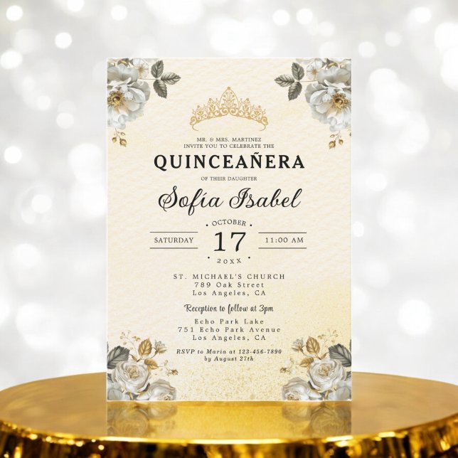 Floral Gold White Princess Quinceanera Einladung (Von Creator hochgeladen)
