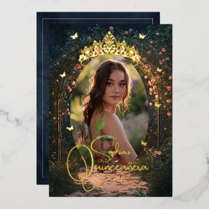 Floral Golden Garden Butterfly Foto Quinceanera Folieneinladung