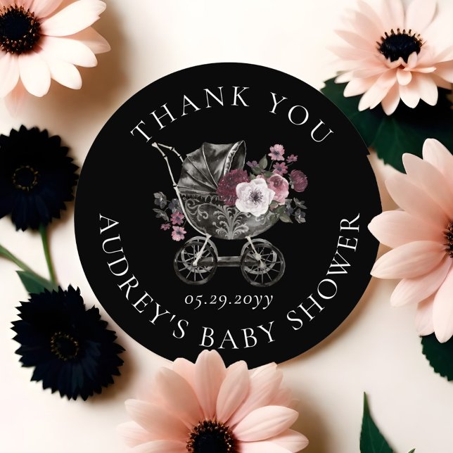 Floral Gothroller Black Danke Baby Dusche Runder Aufkleber (Floral Gothic Stroller Black Thank You Baby Shower Classic Round Sticker)