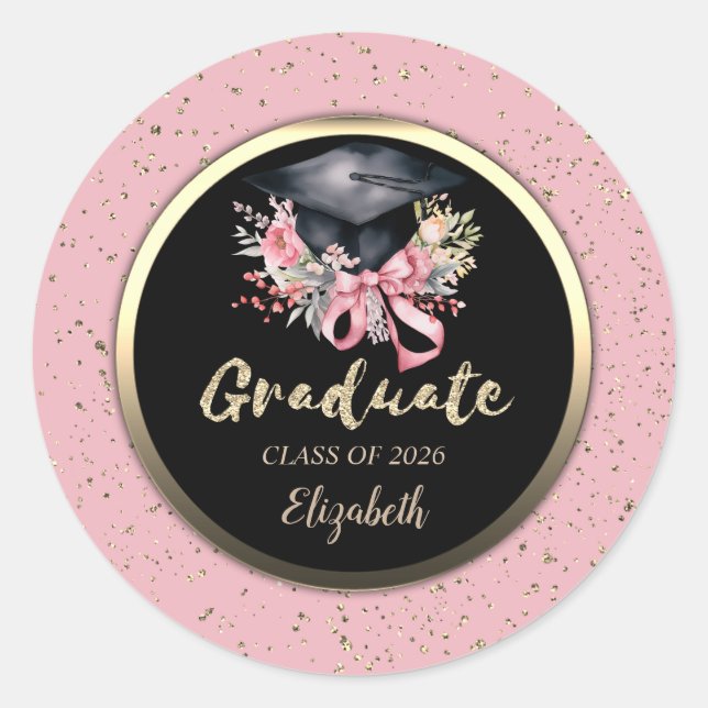 Floral Grad Cap Pink Bow Confetti   Runder Aufkleber (Vorderseite)