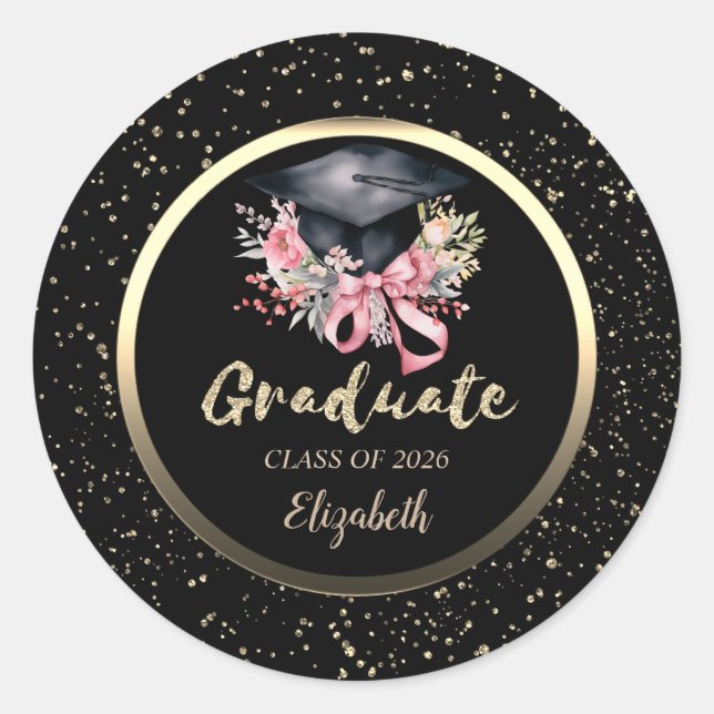 Floral Grad Cap Pink Bow Confetti   Runder Aufkleber (Vorderseite)