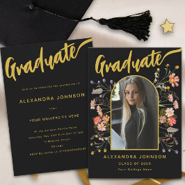 Floral Graduate Foto Gold Script Graduation Party Einladung