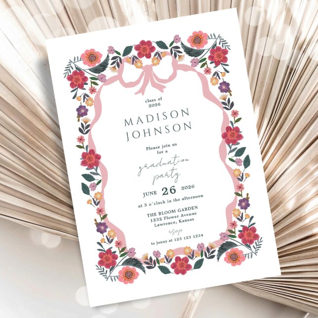 Floral Graduation Party Ribbon Frame Einladung (Floral Graduation Party Ribbon Frame Invitation)