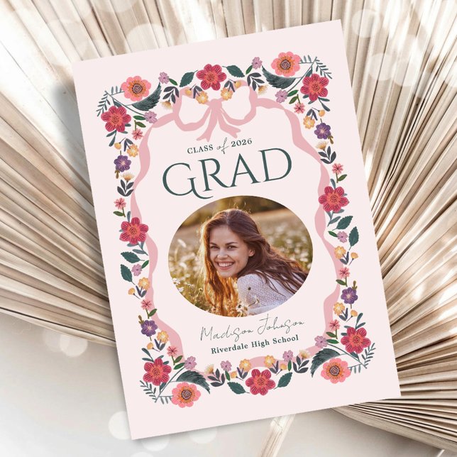 Floral Graduation Photo Elegant Grad Einladung (Floral Graduation Photo Elegant Grad Invitation)