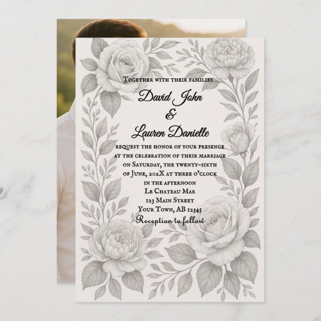 Floral Graphite Photo Wedding Invitation Einladung (Vorne/Hinten)