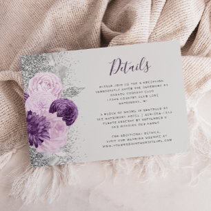 Floral Grau Lila Silber Hochzeitsdetails Begleitkarte