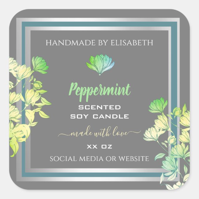 Floral-graue Produktverpackungen Etiketten Silbere Quadratischer Aufkleber (Vorderseite)