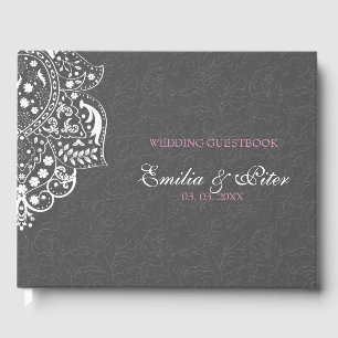 Floral Gray Damask White Mandela Gästebuch