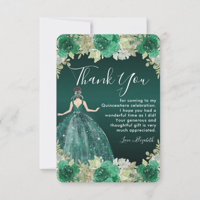 Floral Green Dress Birthday Quinceanera Dankeskarte (Vorderseite)