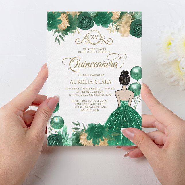 Floral Green Gold Princess XV Quinceañera Geburtst Einladung (Von Creator hochgeladen)