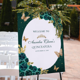 Floral Green Gold Tiara Butterfly Quinceañera Poster