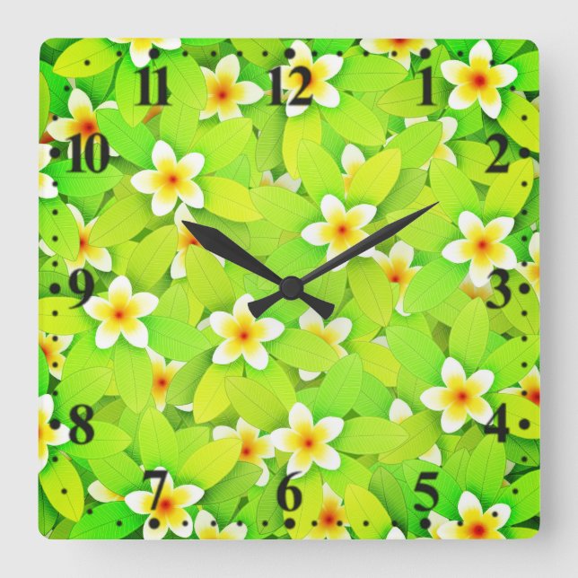 Floral Green Leaves Yellow Flowers Pattern-61717 Quadratische Wanduhr (Vorderseite)