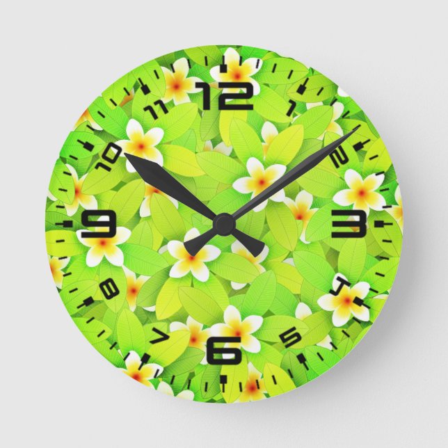 Floral Green Leaves Yellow Flowers Pattern Runde Wanduhr (Vorderseite)
