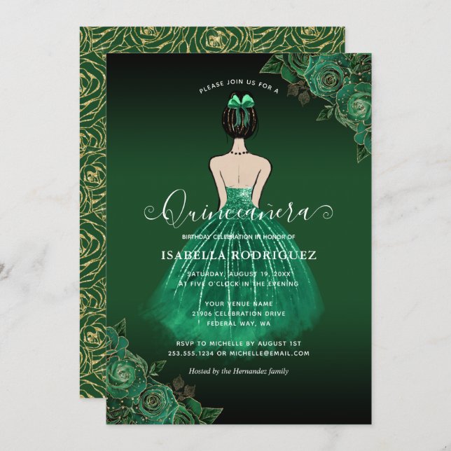 Floral Green Princess Gold Birthday Quinceañera Einladung (Vorne/Hinten)