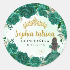 Floral Green Princess Quinceanera Birthday Gevor Runder Aufkleber