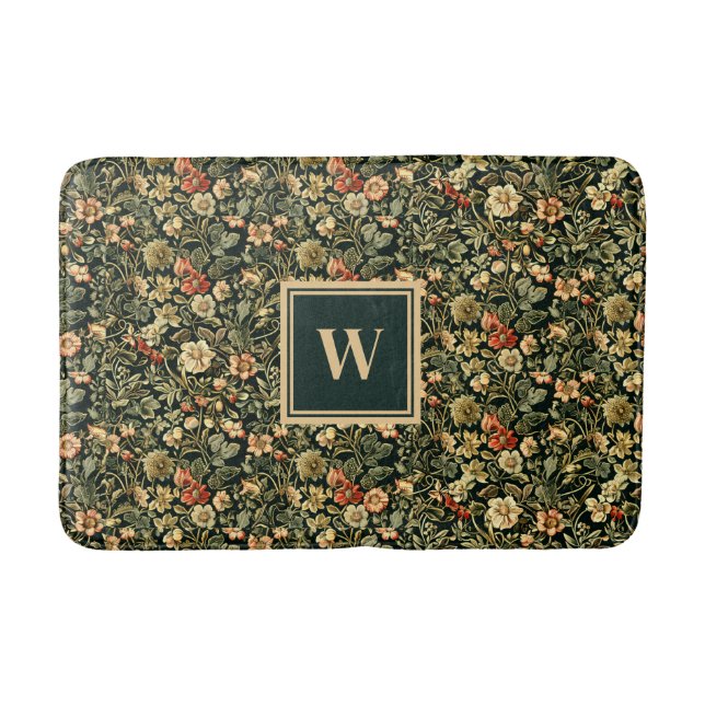 Floral Green William Morris Inspiriert Monogram Badematte (Vorderseite)