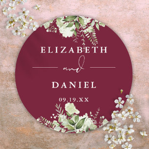 Floral Greenery Burgundy Gastgeschenk Hochzeit Runder Aufkleber