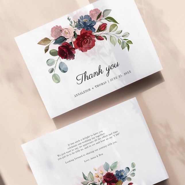 Floral Greenery Burgundy Wedding Vielen Dank Mitteilungskarte (Von Creator hochgeladen)
