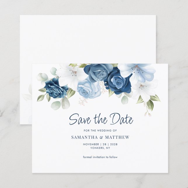 Floral Greenery Dusty Blue Save the Date (Vorne/Hinten)