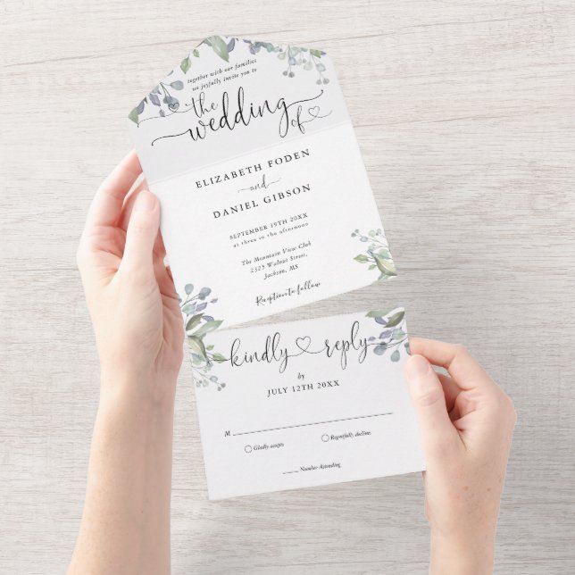 Floral Greenery Elegante Script Hearts Wedding All In One Einladung (Abreißen)