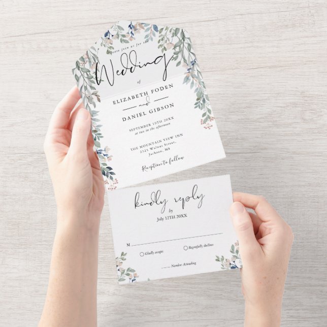 Floral Greenery Elegante Script Wedding All In One Einladung (Abreißen)