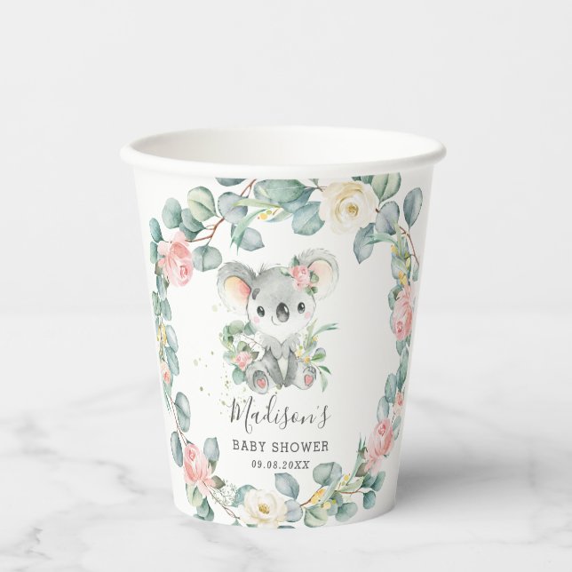 Floral Greenery Koala Baby Girl Shower Birthday Pappbecher (Vorderseite)