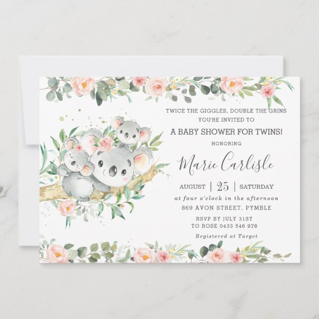 Floral Greenery Koala Twins Boy Girl Baby Shower Einladung (Vorderseite)