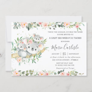 Floral Greenery Koala Twins Boy Girl Baby Shower Einladung
