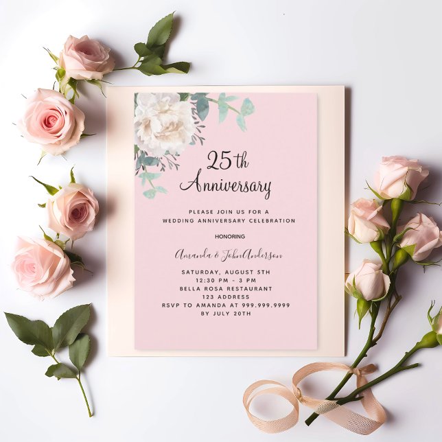Floral greenery pink 25th wedding anniversary einladung (Von Creator hochgeladen)