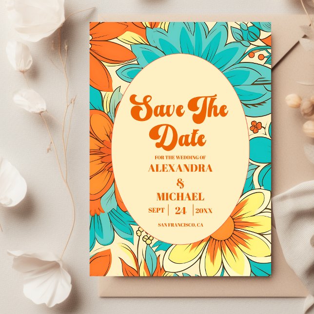 Floral Groovy Retro Wedding Save The Date (Von Creator hochgeladen)