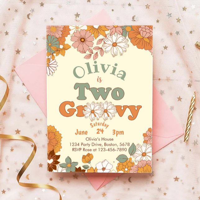 Floral Groovy Two Retro 2. Geburtstag Einladung (Von Creator hochgeladen)