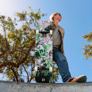 Floral Grunge in Black and Teal Dd Brand Skateboard