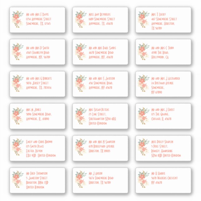Floral Guest Individual Names Adressen Versand Aufkleber (Vorderseite)