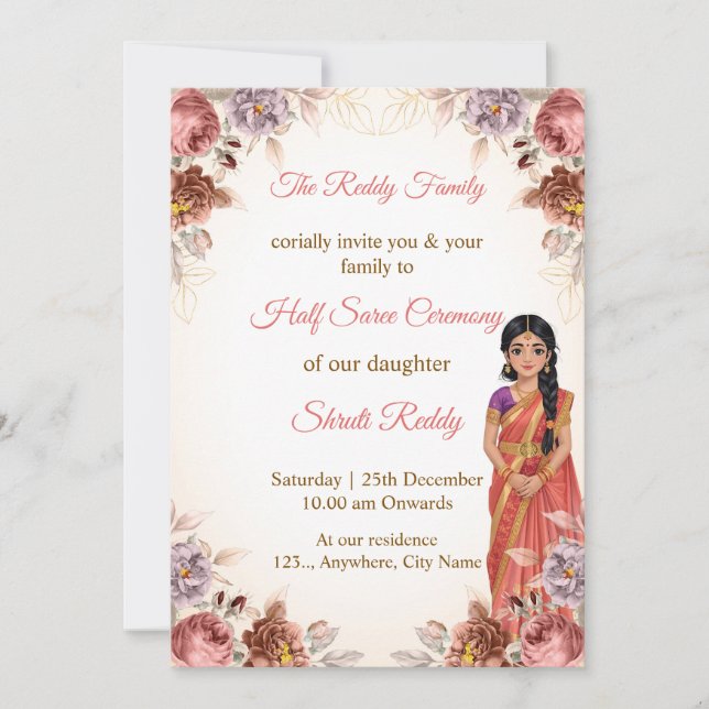Floral Half Saree Ceremony Invitation Einladung (Vorderseite)