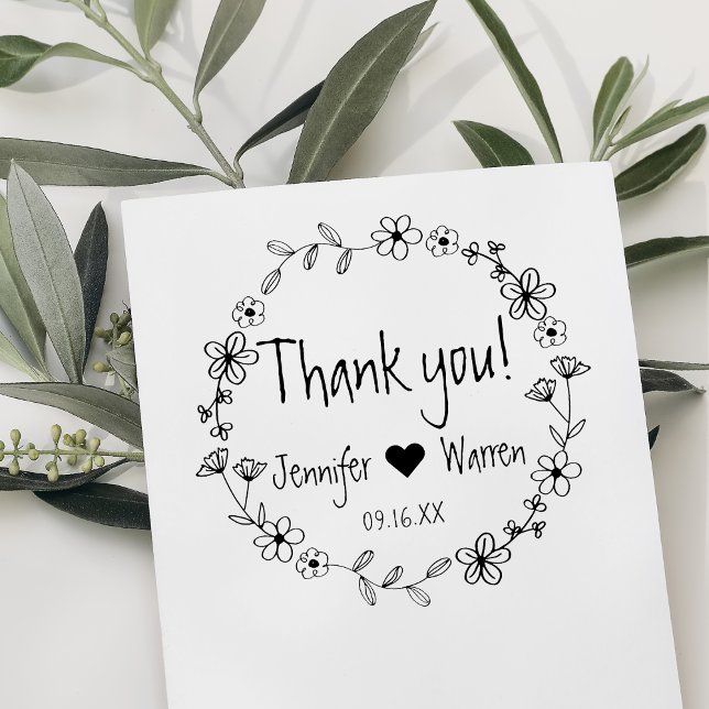 Floral Hand Draath Vielen Dank Personalisiert Gummistempel (Floral Hand Drawn Wreath Thank You Personalized Rubber Stamp)