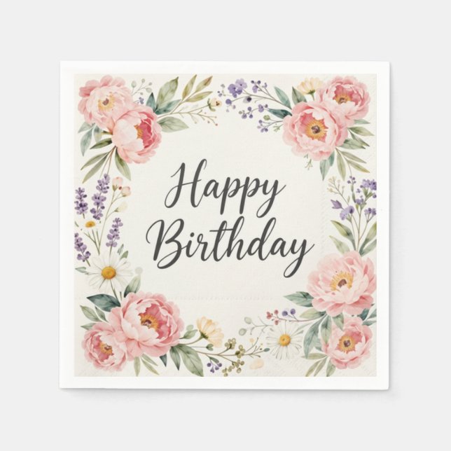 Floral Happy Birthday Serviette | Frühlingsfeier (Vorderseite)