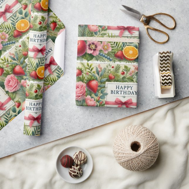 Floral Happy Birthday Wrapping Paper Geschenkpapier (Kunsthandwerk)