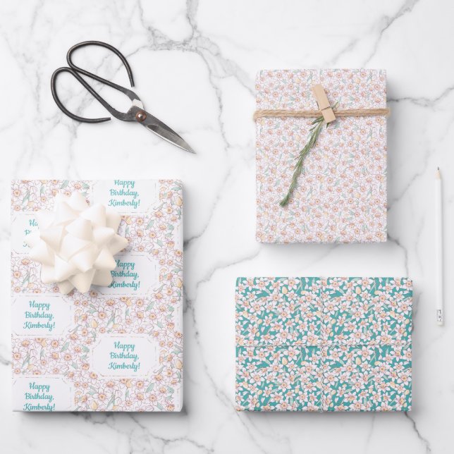 Floral Happy Geburtstag mit Namen Geschenkpapier Set (Vorderseite)