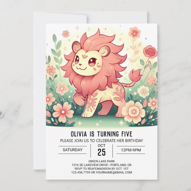 Floral Happy Lion Digital Geburtstag Einladung (Vorderseite)