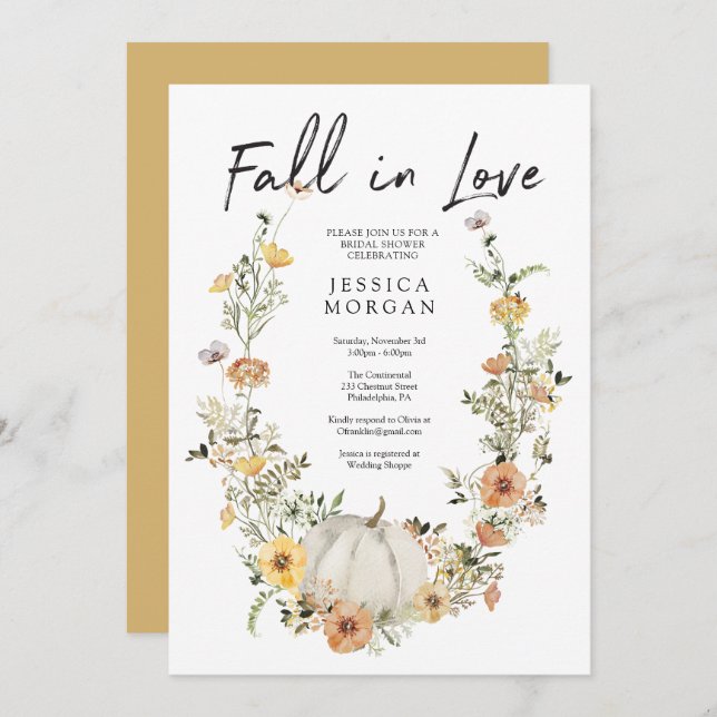 Floral Harvest Pumpkin Fall in Liebe Brautparty Einladung (Vorne/Hinten)