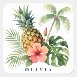 Floral Hawaii Pineapple & Hibiscus Summer Name Quadratischer Aufkleber