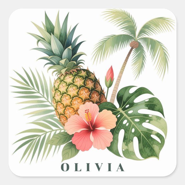 Floral Hawaii Pineapple & Hibiscus Summer Name Quadratischer Aufkleber (Vorderseite)