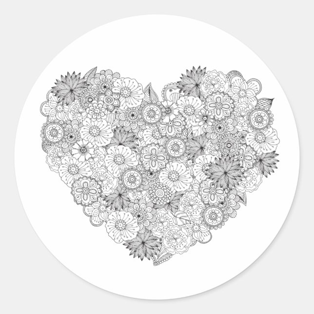 Floral Heart Doodle Runder Aufkleber (Vorderseite)