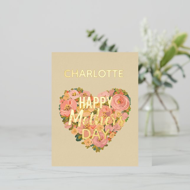 Floral Heart Happy Mother's Day CustoHoliday Card Folien Feiertagspostkarte (Stehend vorne)